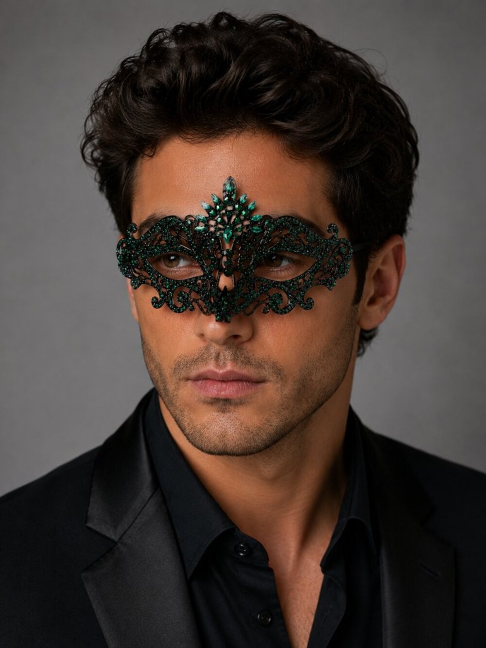 Men’s Green Masquerade Mask, Black Emerald Venetian Mask, Gothic Mardi Gras Mask
